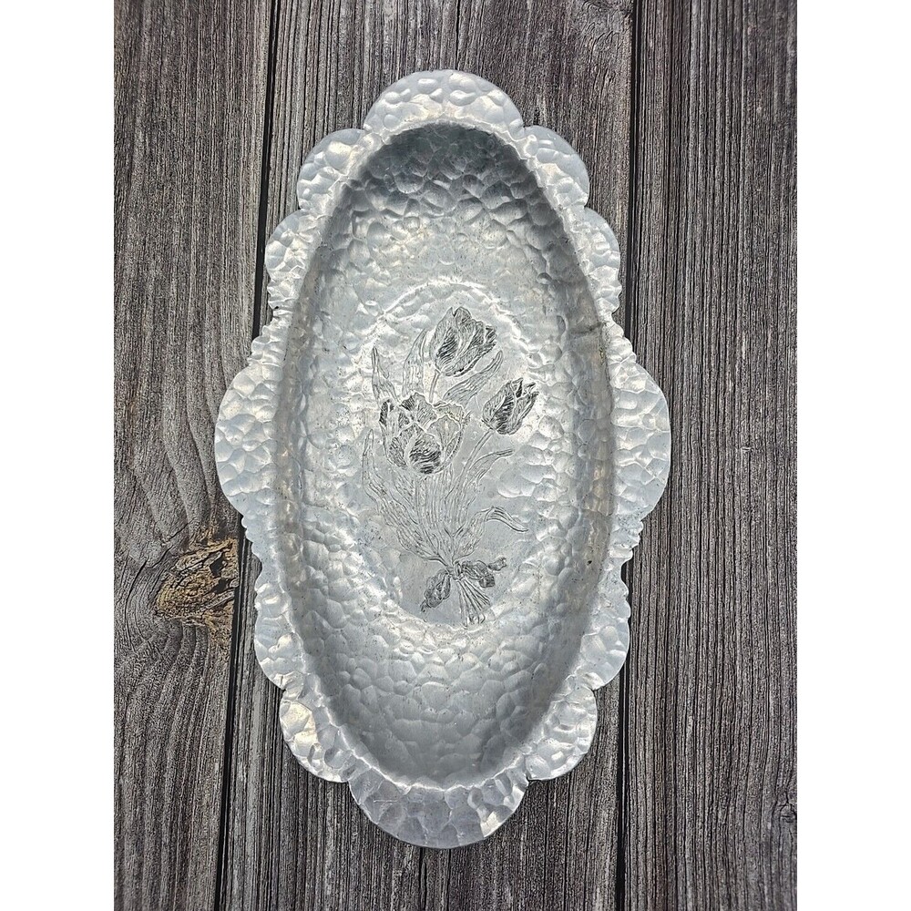 Vintage Rodney Kent Hand Wrought Hammered Aluminum TULIPS Oval Tray Scalloped